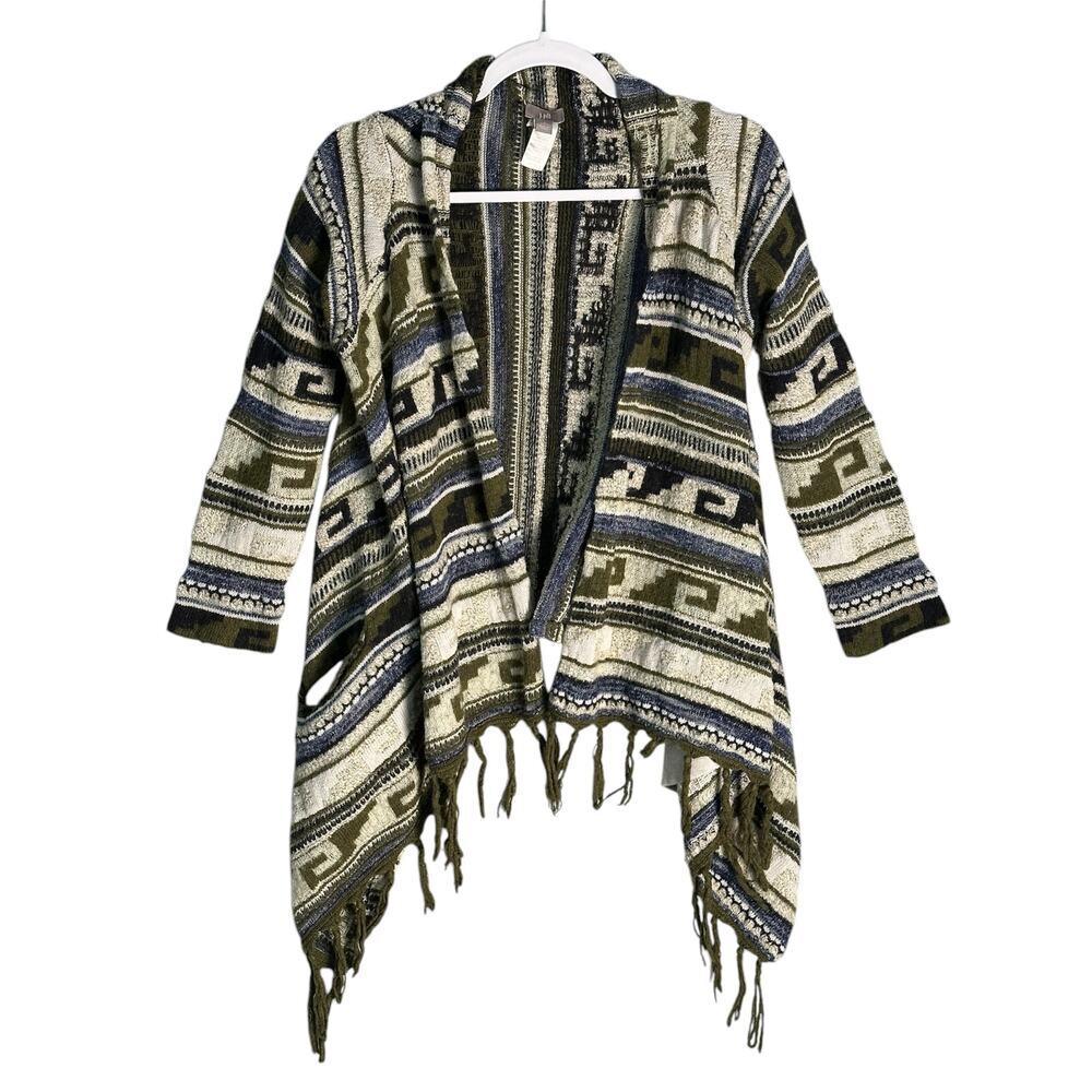 J Jill Sz S Open Front Fringe Cardigan Sweater Mohair Blend Shawl Waterfall Hem‎